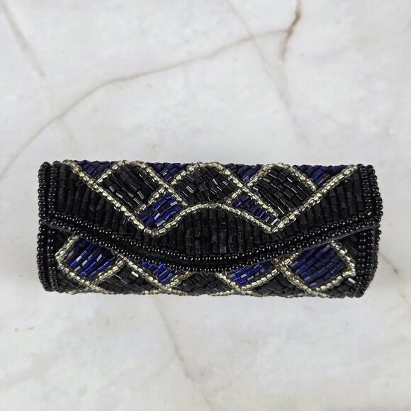 Vintage Beaded Lipstick Case Holder Inside Mirror Snap Closure Black Blue Clear - Picture 1 of 7